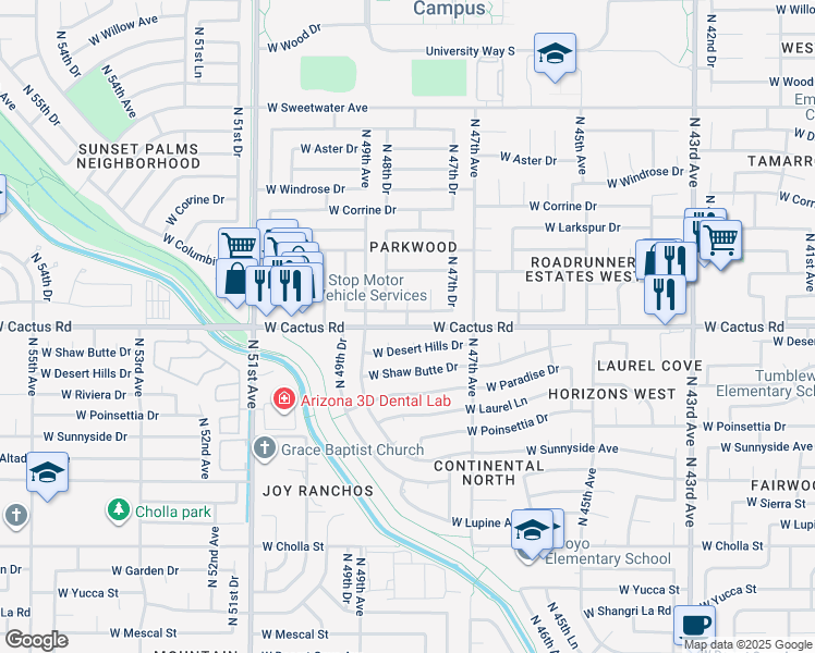 map of restaurants, bars, coffee shops, grocery stores, and more near W Cactus Rd & N 48th Ave in Phoenix