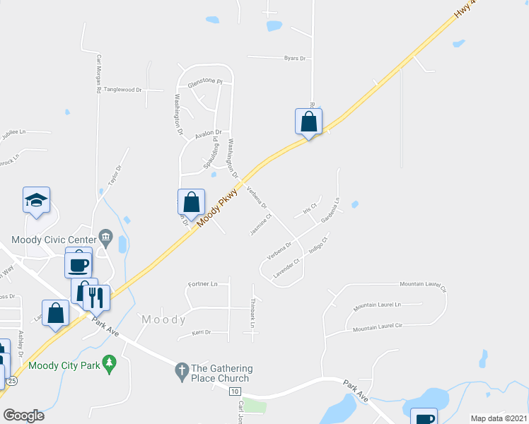 map of restaurants, bars, coffee shops, grocery stores, and more near 4008 Verbena Drive in Moody