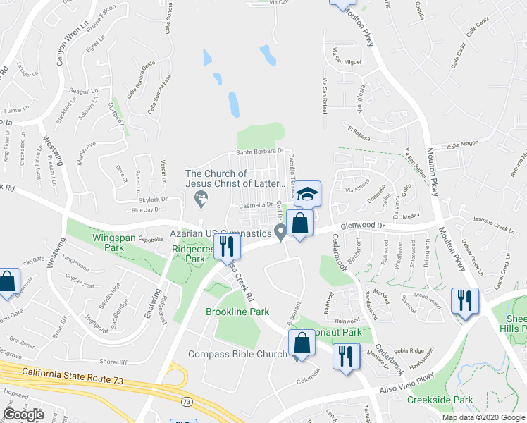 map of restaurants, bars, coffee shops, grocery stores, and more near 163 Playa Circle in Aliso Viejo