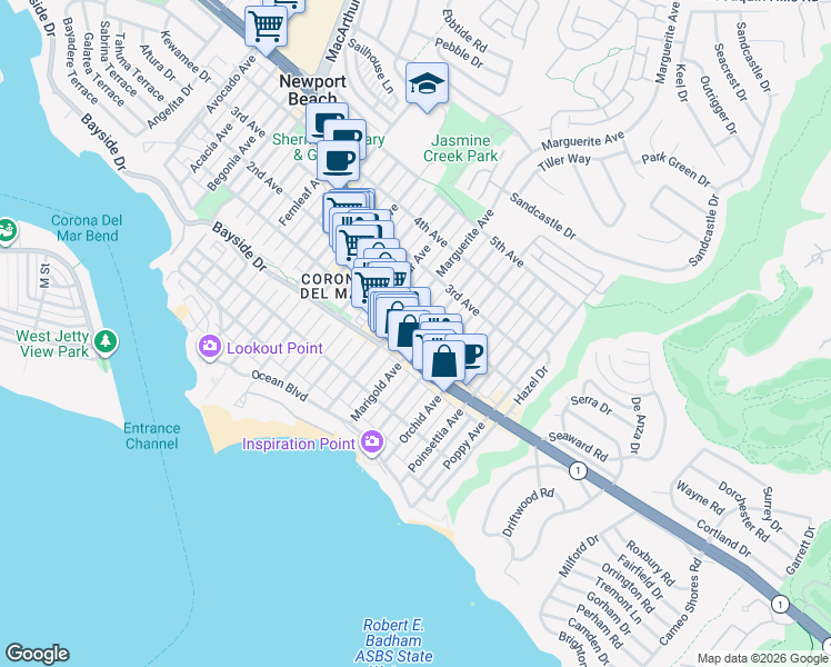 map of restaurants, bars, coffee shops, grocery stores, and more near 413 Marigold Avenue in Newport Beach