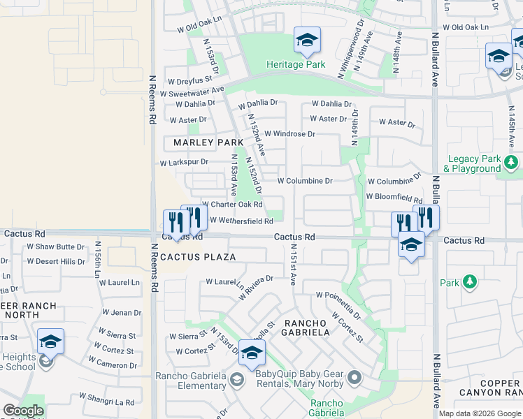map of restaurants, bars, coffee shops, grocery stores, and more near 15244 West Bloomfield Road in Surprise