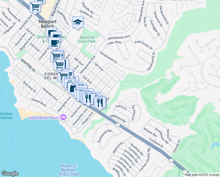 map of restaurants, bars, coffee shops, grocery stores, and more near 717 Poppy Avenue in Newport Beach