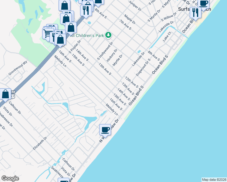 map of restaurants, bars, coffee shops, grocery stores, and more near 1315 Lakeside Drive in Surfside Beach