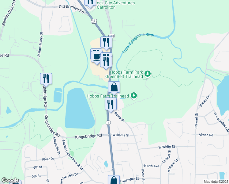 map of restaurants, bars, coffee shops, grocery stores, and more near 1007 North Park Street in Carrollton