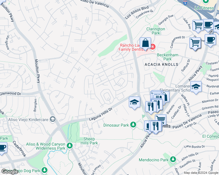 map of restaurants, bars, coffee shops, grocery stores, and more near 852 Ronda Mendoza in Laguna Woods
