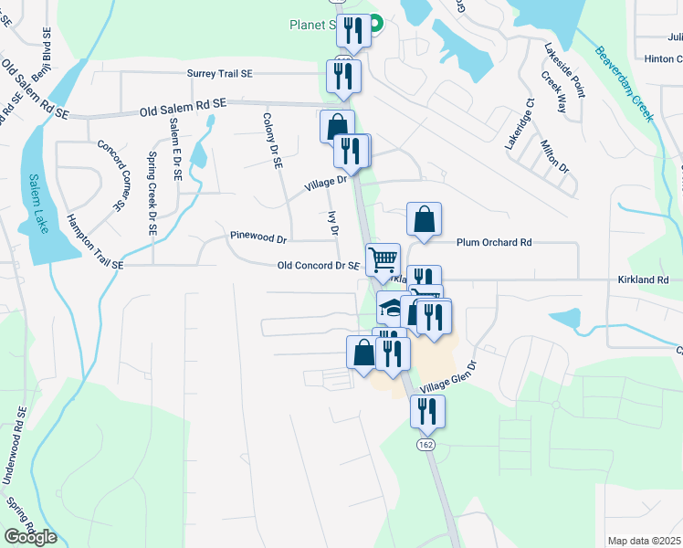 map of restaurants, bars, coffee shops, grocery stores, and more near 1903 Old Concord Drive Southeast in Covington