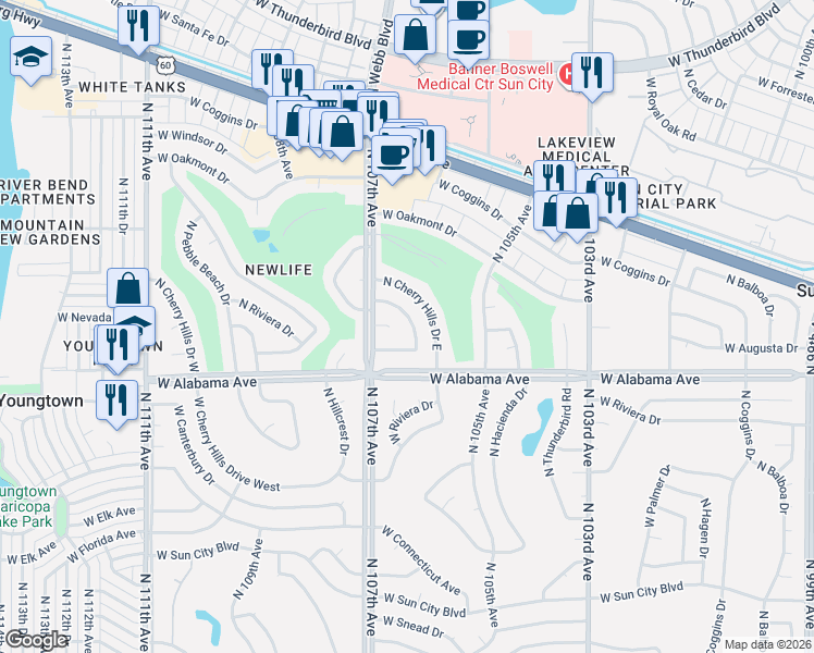 map of restaurants, bars, coffee shops, grocery stores, and more near 12413 North Saint Andrews Drive in Sun City