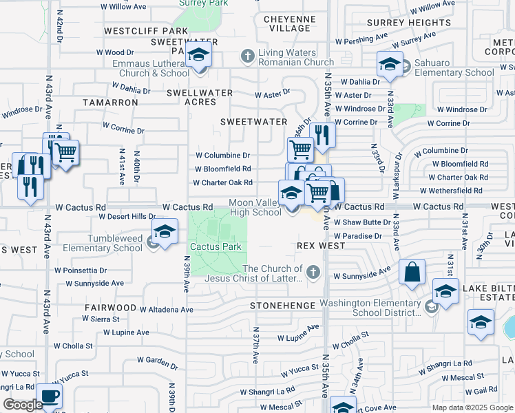 map of restaurants, bars, coffee shops, grocery stores, and more near W Cactus Rd & N 37th Ave in Phoenix