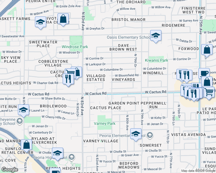 map of restaurants, bars, coffee shops, grocery stores, and more near 12405 82nd Avenue in Peoria