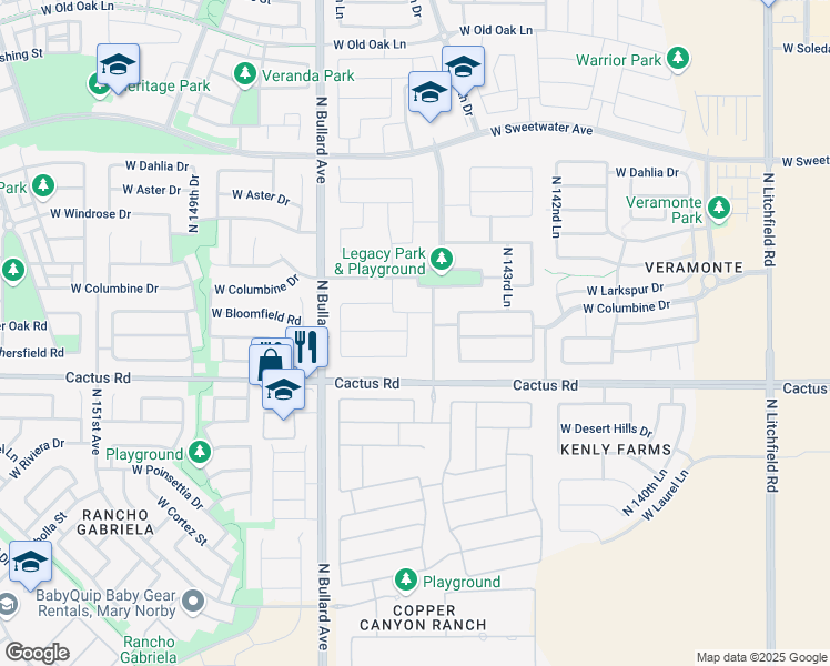 map of restaurants, bars, coffee shops, grocery stores, and more near 14518 West Bloomfield Road in Surprise
