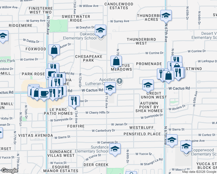 map of restaurants, bars, coffee shops, grocery stores, and more near 7051 West Wethersfield Road in Peoria