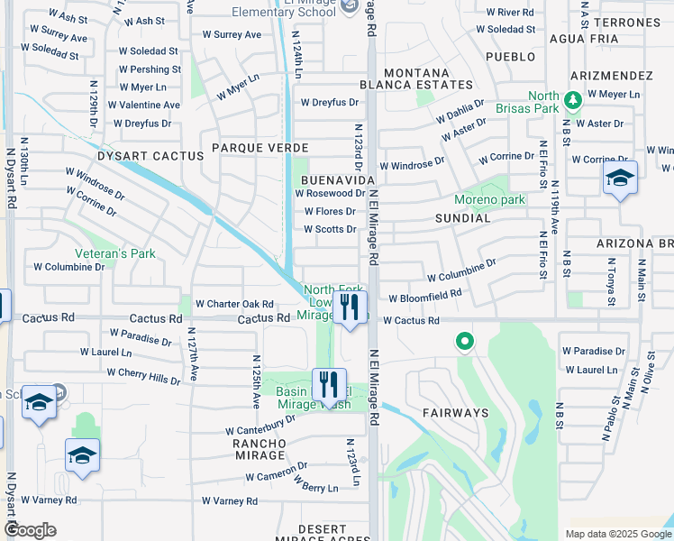 map of restaurants, bars, coffee shops, grocery stores, and more near 12317 West Larkspur Road in El Mirage