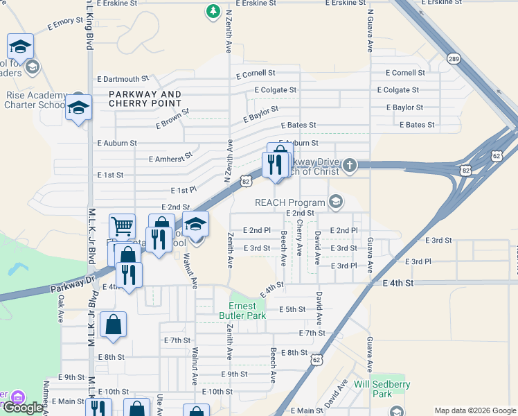 map of restaurants, bars, coffee shops, grocery stores, and more near 2715 East 2nd Street in Lubbock
