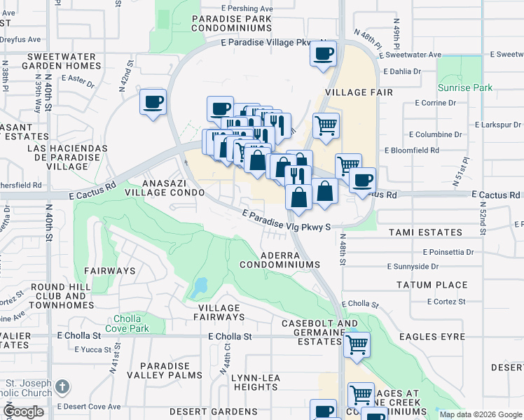 map of restaurants, bars, coffee shops, grocery stores, and more near 4502 East Paradise Village Parkway South in Phoenix