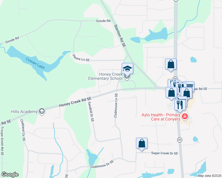 map of restaurants, bars, coffee shops, grocery stores, and more near 639 Crosscreek Trail Southeast in Conyers