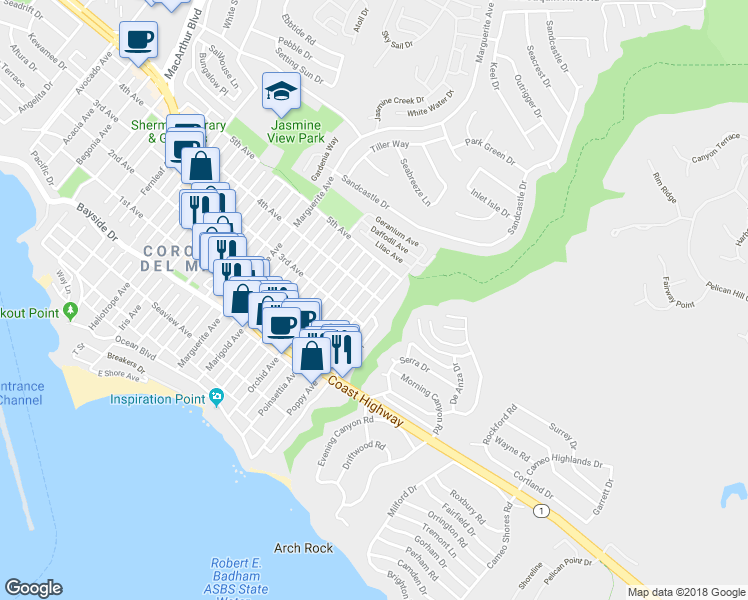 map of restaurants, bars, coffee shops, grocery stores, and more near 3731 4th Avenue in Newport Beach