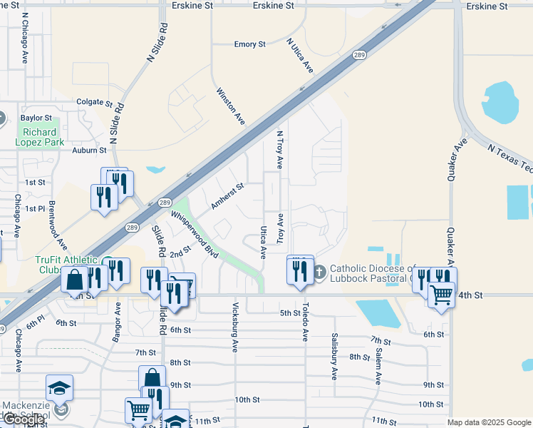 map of restaurants, bars, coffee shops, grocery stores, and more near 106 North Utica Avenue in Lubbock