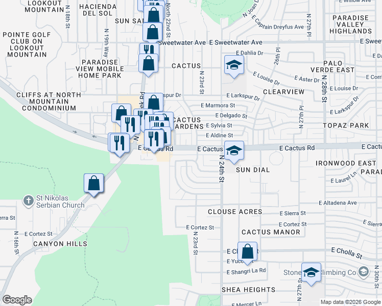 map of restaurants, bars, coffee shops, grocery stores, and more near 12201 North 22nd Place in Phoenix
