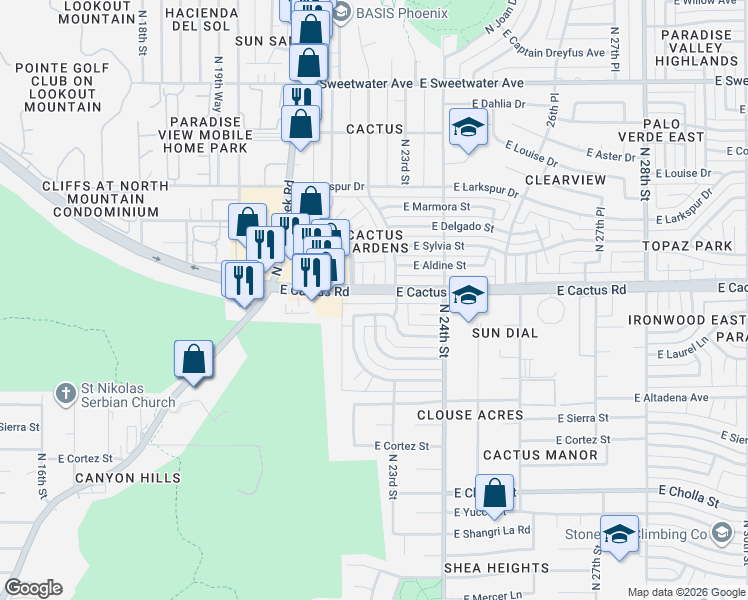 map of restaurants, bars, coffee shops, grocery stores, and more near 12201 North 22nd Place in Phoenix