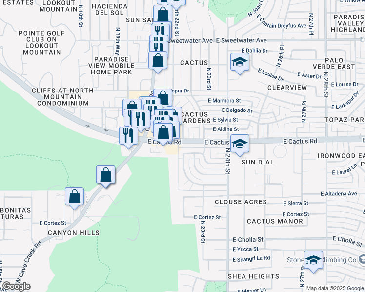 map of restaurants, bars, coffee shops, grocery stores, and more near 2150 East Cactus Road in Phoenix