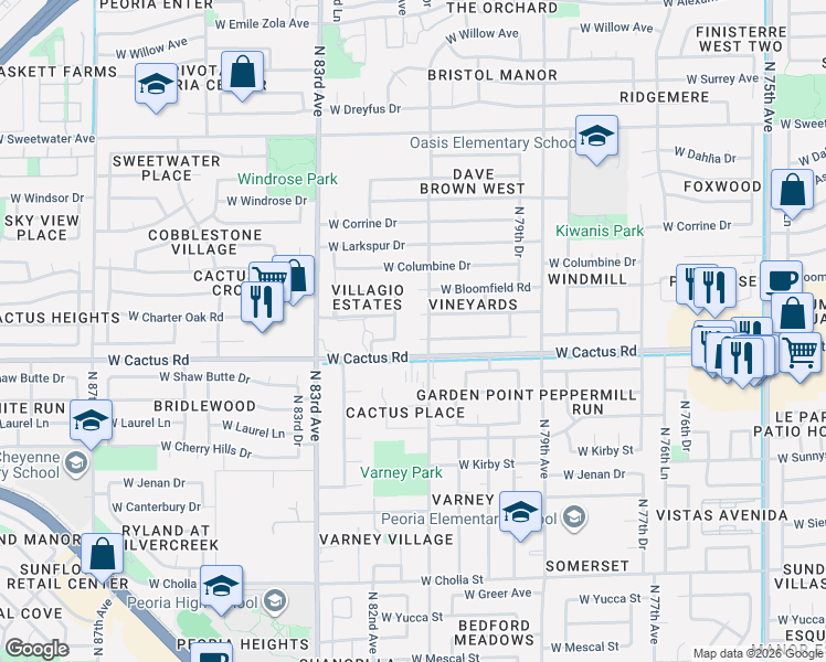 map of restaurants, bars, coffee shops, grocery stores, and more near 12405 82nd Avenue in Peoria