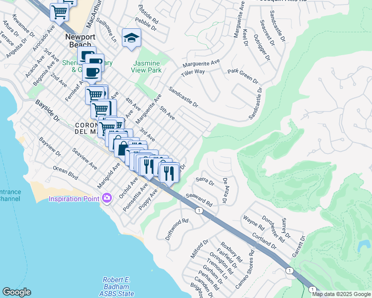 map of restaurants, bars, coffee shops, grocery stores, and more near 717 Poppy Avenue in Newport Beach