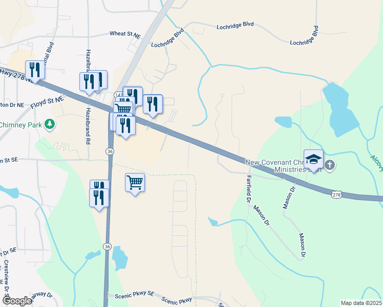 map of restaurants, bars, coffee shops, grocery stores, and more near 10101-10199 Henderson Dr in Covington