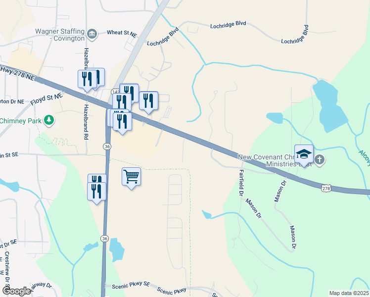 map of restaurants, bars, coffee shops, grocery stores, and more near 10101-10199 Henderson Dr in Covington
