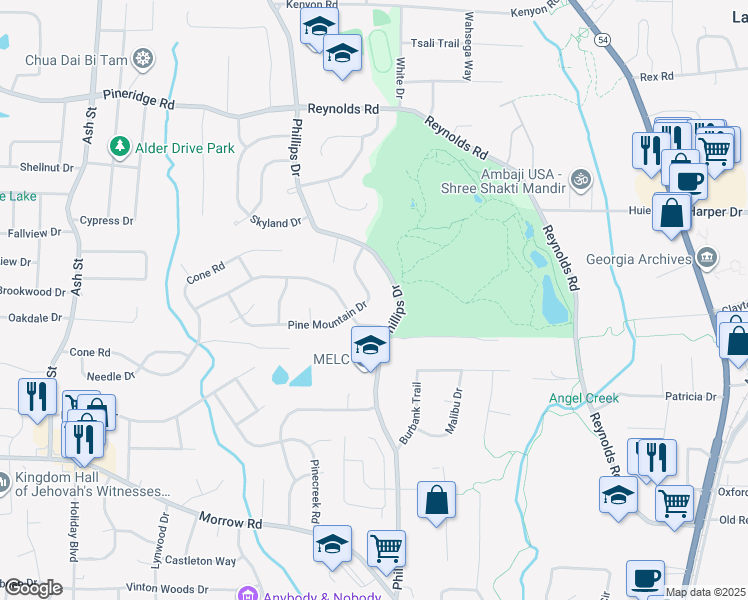 map of restaurants, bars, coffee shops, grocery stores, and more near 1150 Pine Mountain Drive in Forest Park