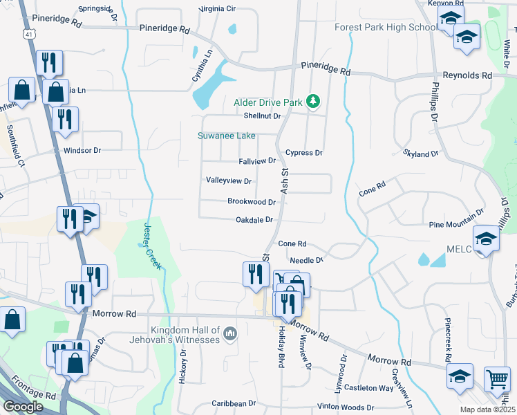 map of restaurants, bars, coffee shops, grocery stores, and more near 735 Brookwood Drive in Forest Park
