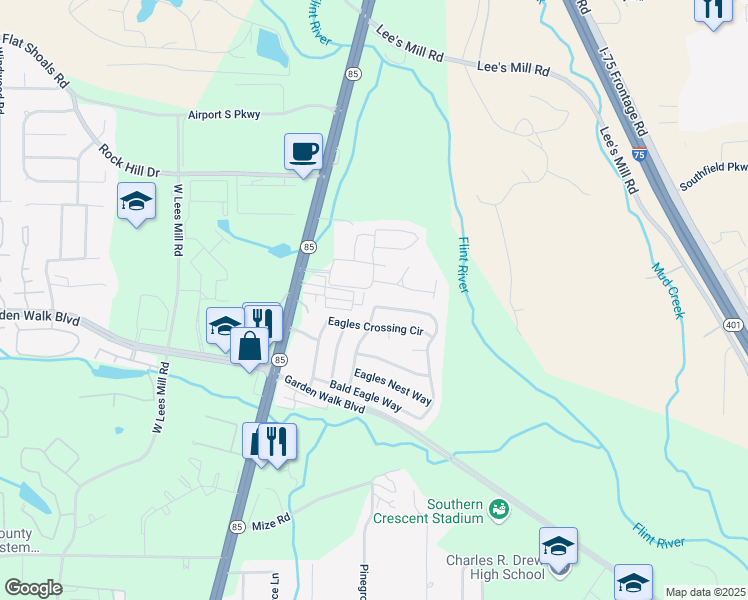 map of restaurants, bars, coffee shops, grocery stores, and more near 5805 Eagles Feather Lane in Riverdale