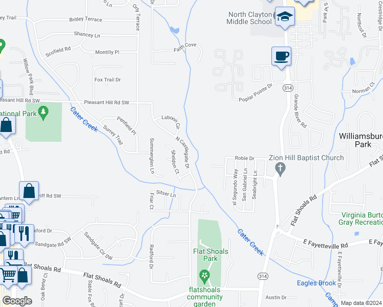map of restaurants, bars, coffee shops, grocery stores, and more near 5822 North Castlegate Drive in Atlanta