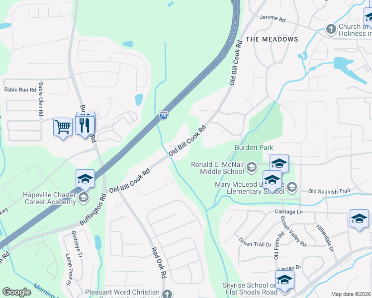 map of restaurants, bars, coffee shops, grocery stores, and more near 5835 Old Bill Cook Road in Atlanta