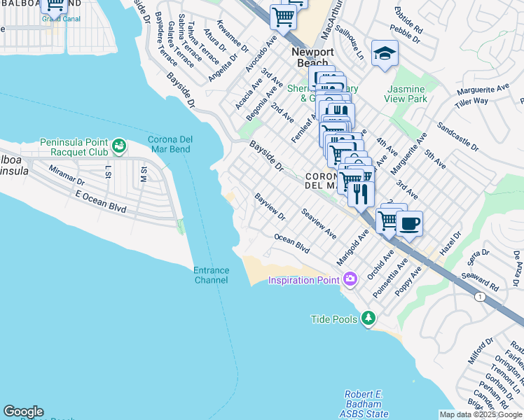 map of restaurants, bars, coffee shops, grocery stores, and more near 212 Goldenrod Avenue in Newport Beach