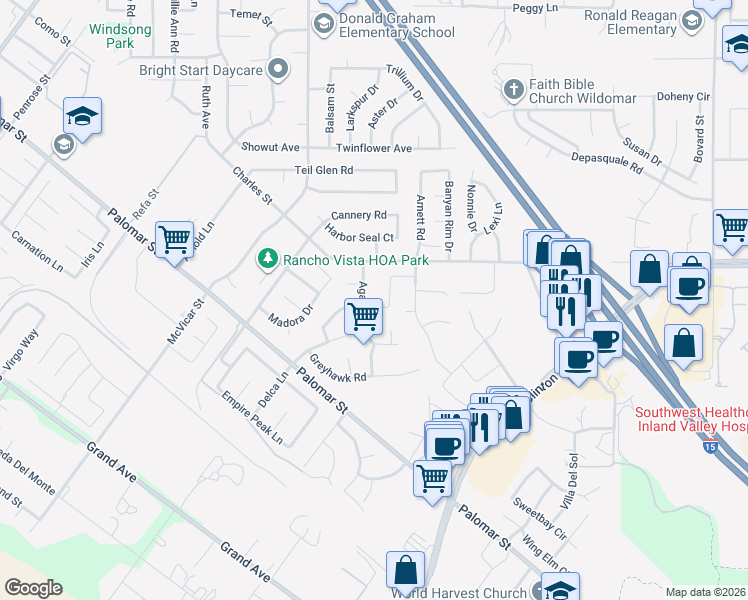 map of restaurants, bars, coffee shops, grocery stores, and more near 23064 Seattle Ridge Road in Wildomar