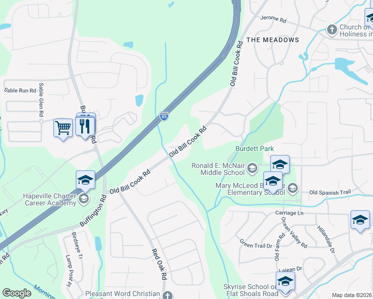 map of restaurants, bars, coffee shops, grocery stores, and more near 5835 Old Bill Cook Road in Atlanta