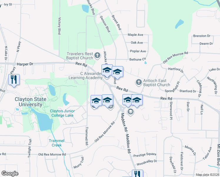 map of restaurants, bars, coffee shops, grocery stores, and more near 5754 Attucks Boulevard in Morrow