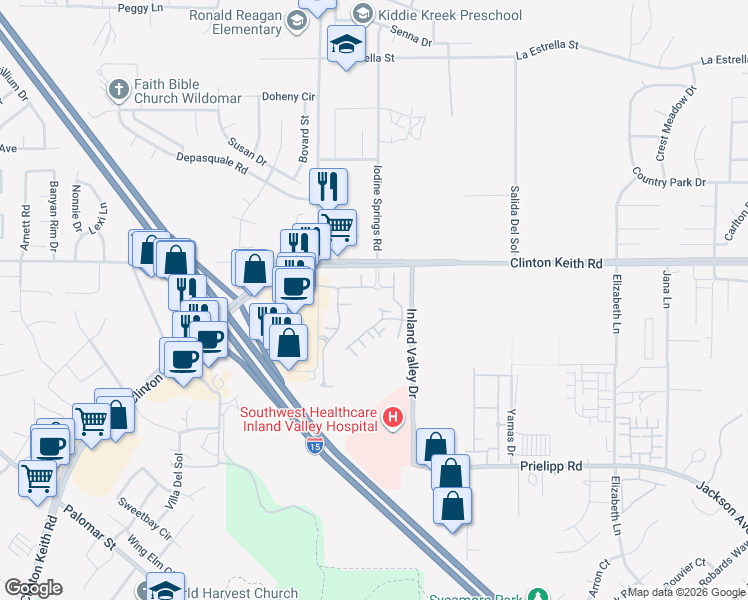 map of restaurants, bars, coffee shops, grocery stores, and more near 24055 Clinton Keith Road in Wildomar