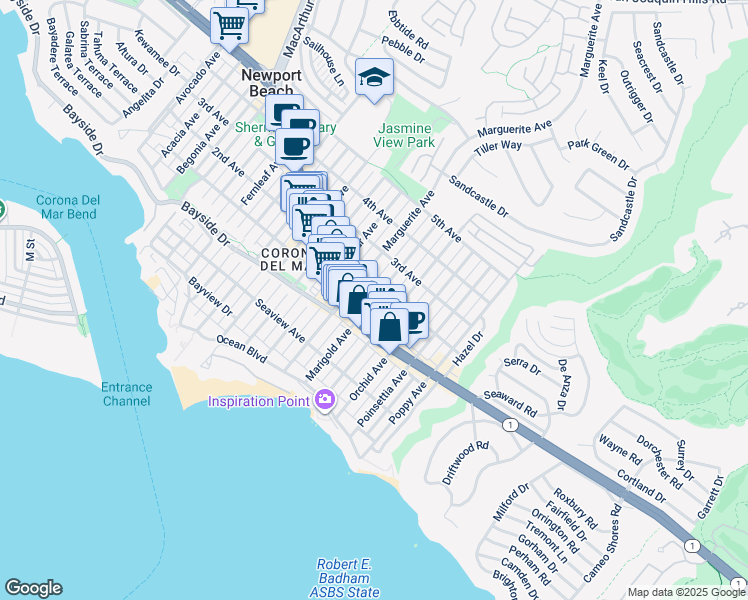 map of restaurants, bars, coffee shops, grocery stores, and more near Marigold Avenue in Newport Beach