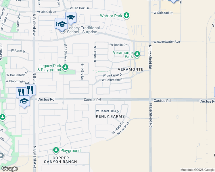 map of restaurants, bars, coffee shops, grocery stores, and more near 14192 West Charter Oak Road in Surprise