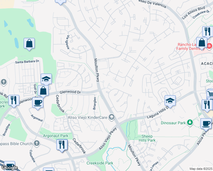 map of restaurants, bars, coffee shops, grocery stores, and more near 7 Clear Creek Lane in Laguna Hills