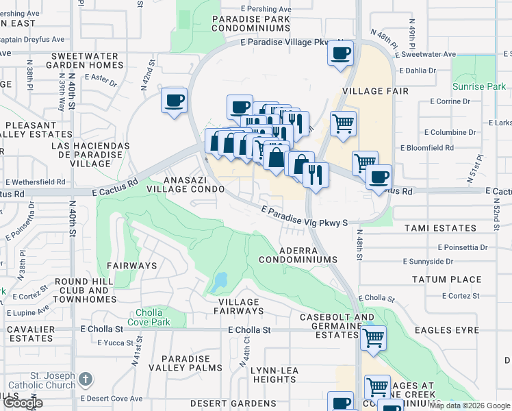map of restaurants, bars, coffee shops, grocery stores, and more near 4502 North Paradise Village Parkway South in Phoenix