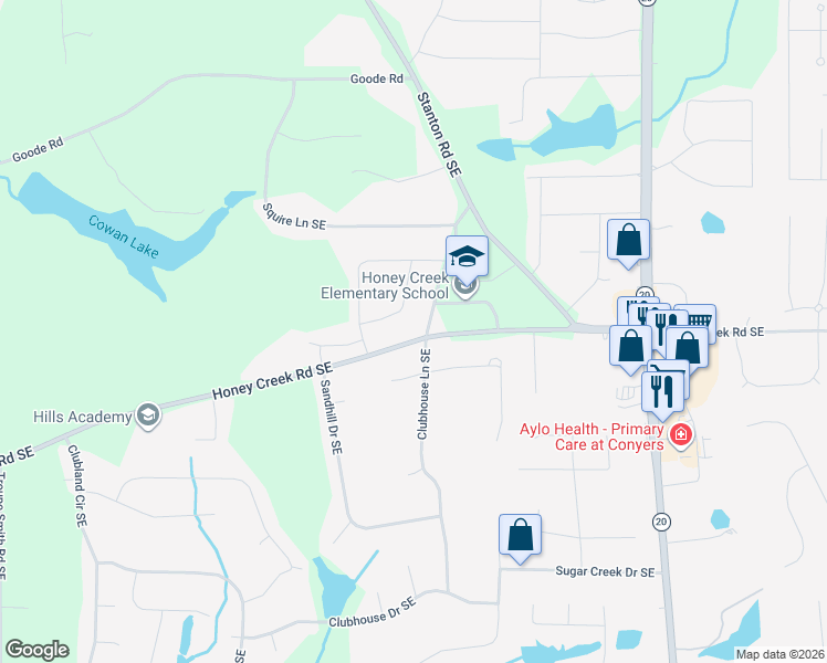 map of restaurants, bars, coffee shops, grocery stores, and more near 639 Crosscreek Trail Southeast in Conyers
