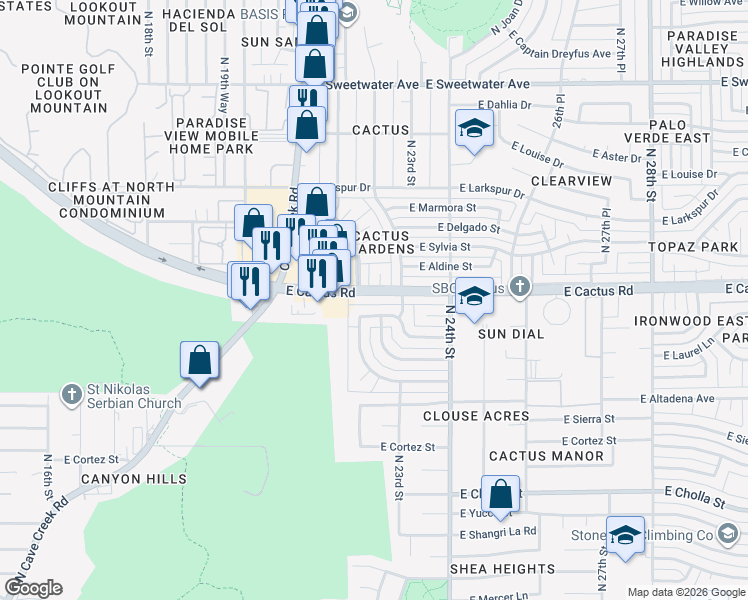 map of restaurants, bars, coffee shops, grocery stores, and more near 12201 North 22nd Place in Phoenix