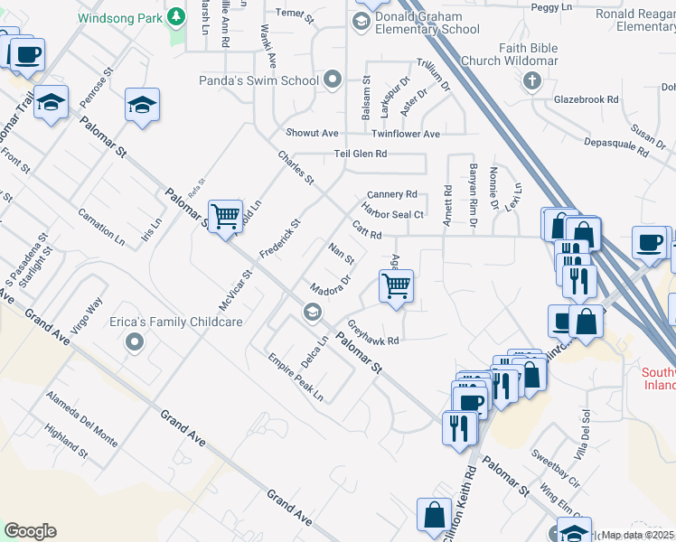 map of restaurants, bars, coffee shops, grocery stores, and more near 22980 Joy Court in Wildomar