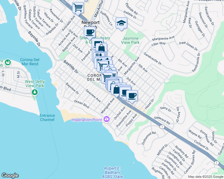 map of restaurants, bars, coffee shops, grocery stores, and more near Pacific Coast Hwy & Marguerite Ave in Newport Beach