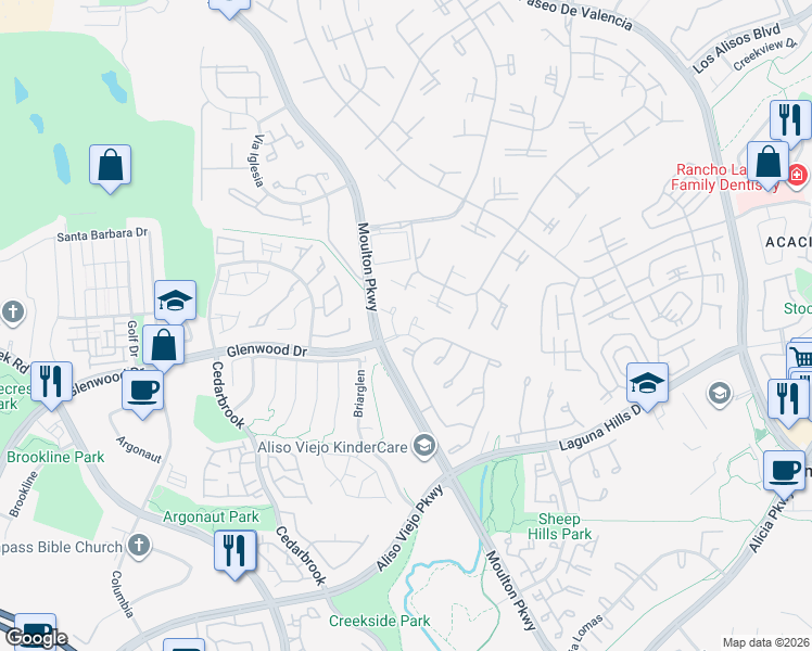 map of restaurants, bars, coffee shops, grocery stores, and more near 7 Clear Creek Lane in Laguna Hills