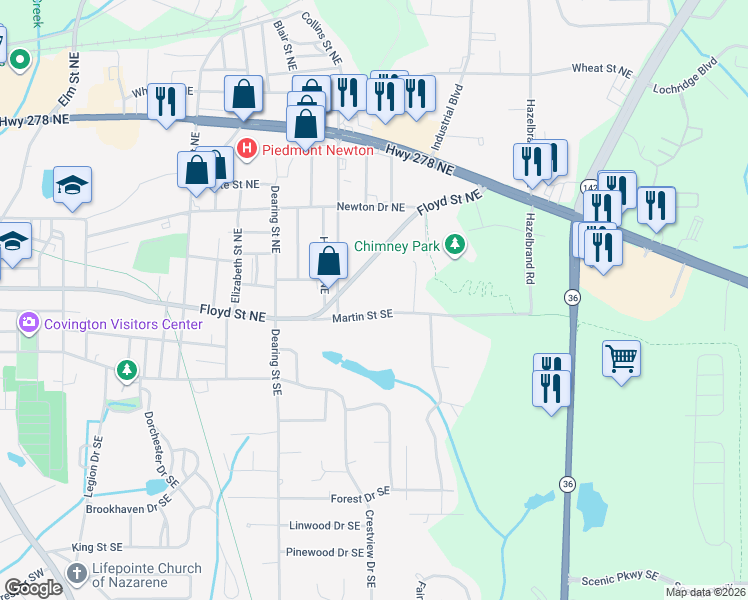 map of restaurants, bars, coffee shops, grocery stores, and more near 5222 Floyd Street Northeast in Covington