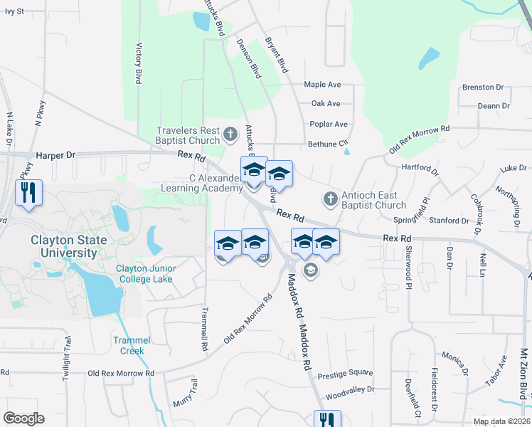 map of restaurants, bars, coffee shops, grocery stores, and more near 5754 Attucks Boulevard in Morrow