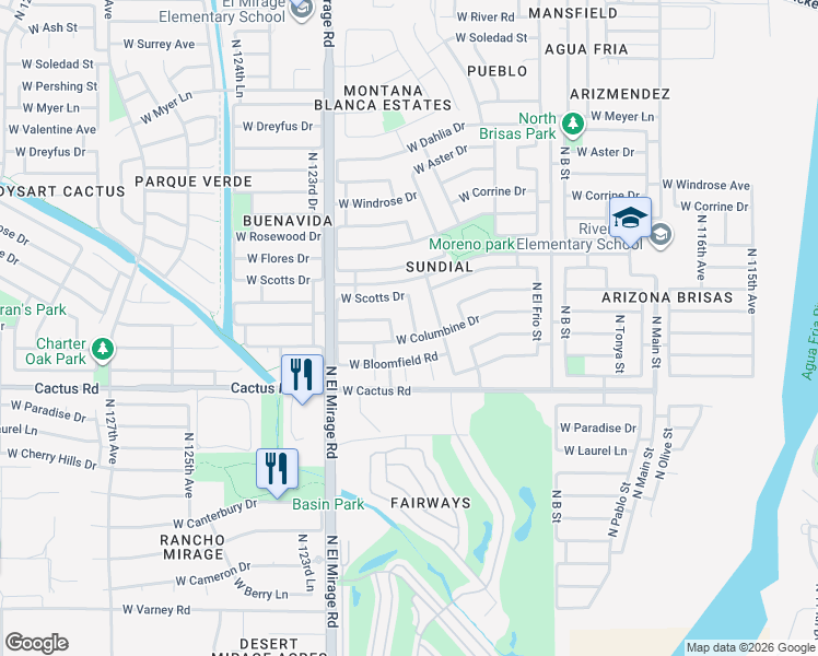 map of restaurants, bars, coffee shops, grocery stores, and more near 12410 North 121st Drive in El Mirage